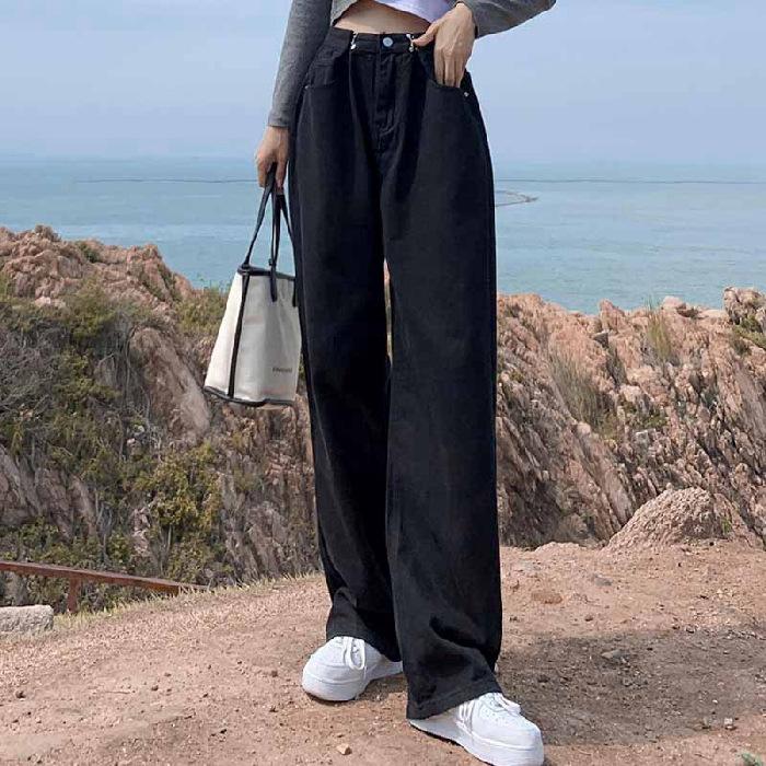 CANVAUS Vintage hoge taille drag jeans zomer losse dunne grote maat rechte wijde pijpen broek damesjeans XL zwart