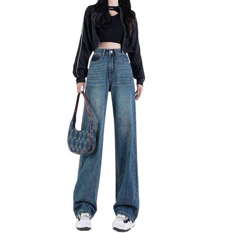 CANVAUS Vintage wijde pijpen broek jeans Clash Pockets hoge taille rechte losse drag jeans voor dames 2XL blauw