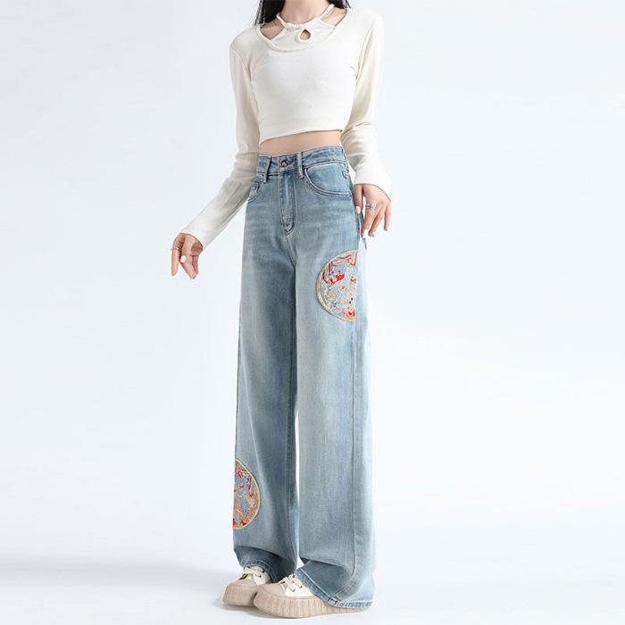 CANVAUS Vintage jeans geborduurd wijde pijpen broek vrouwen losse slepen hoog getailleerde broek met rechte pijpen 2XL lichtblauwe kleur