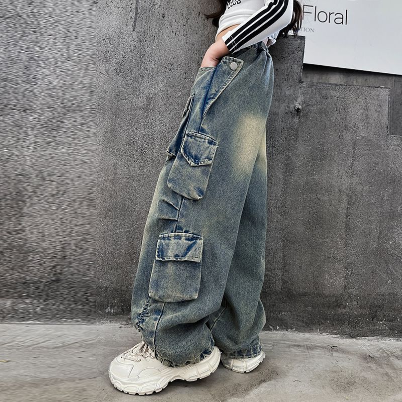 Landon Cargo Jeans voor Meisjes Lente Losse Casual Elastische Taille Tiener Kinderen Wijde Pijpen Broek Ontwerp Streetwear Kinderbroeken 140 blauw