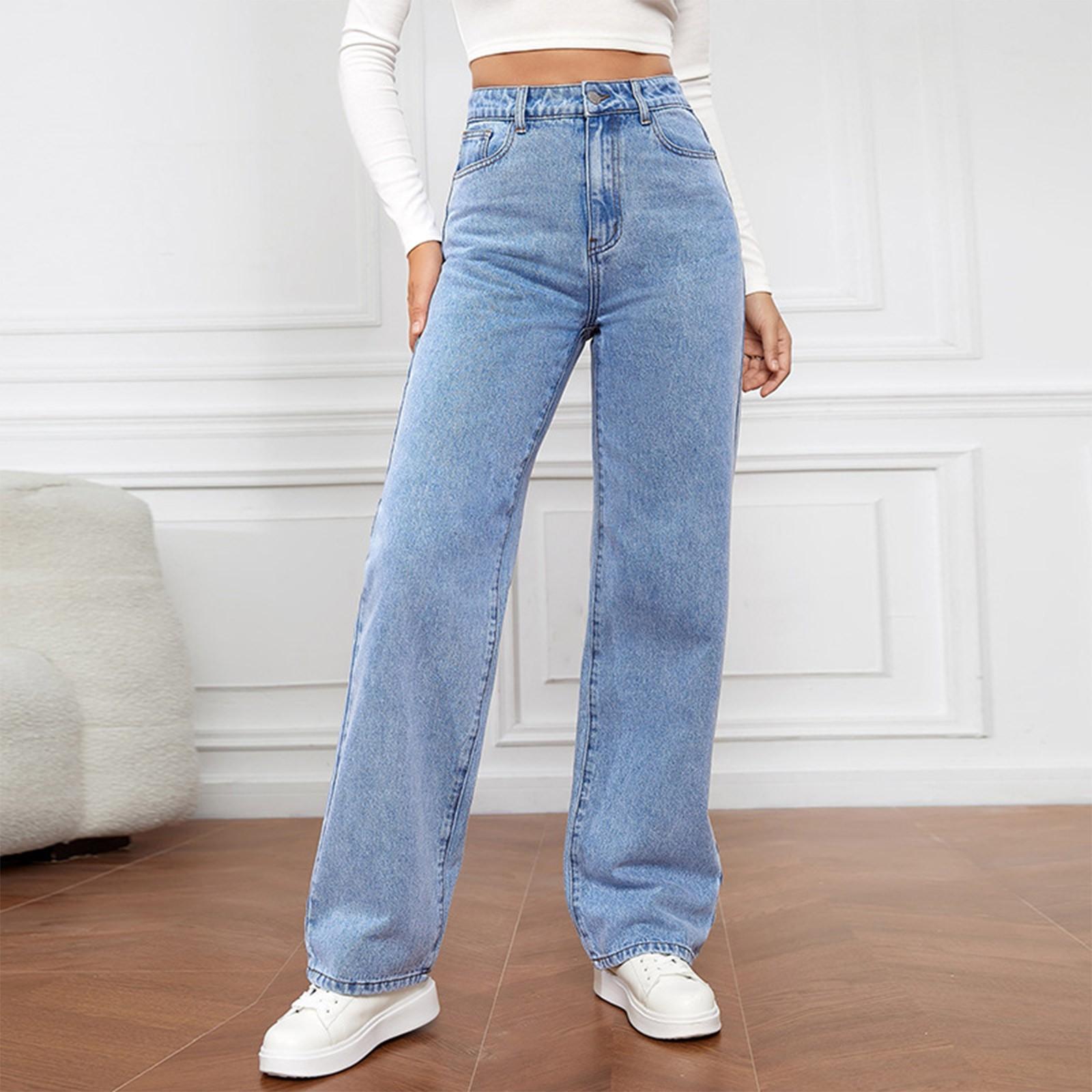 ZuiBaDuDu Dames High Waist Washed Dames Jeans Modieuze Veelzijdige Rechte Broek L blauw