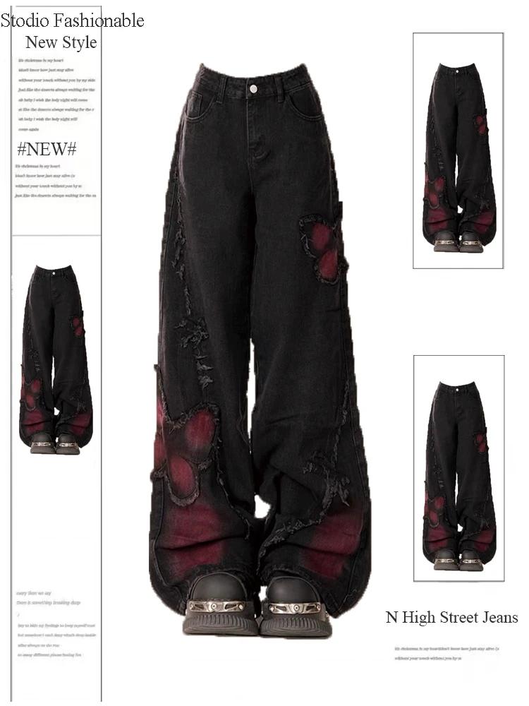 Alice Fashion Comprehensive Vrouwen Zwarte Gotische Baggy Jeans Harajuku Y2k Esthetische Print Denim Broek Koreaanse Jean Broek Vintage 2000s Kledingontwerp M zwart
