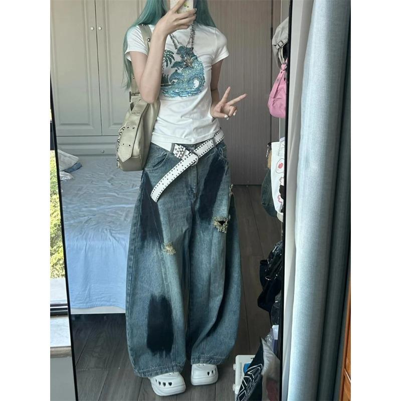 Exotic Dames Y2k Ripped Jeans Harajuku Denim Broek Y2k Oversize Jean Broek Vintage Esthetiek Japanse Stijl uit de jaren 2000 Trashy Kleding XXXL blauw