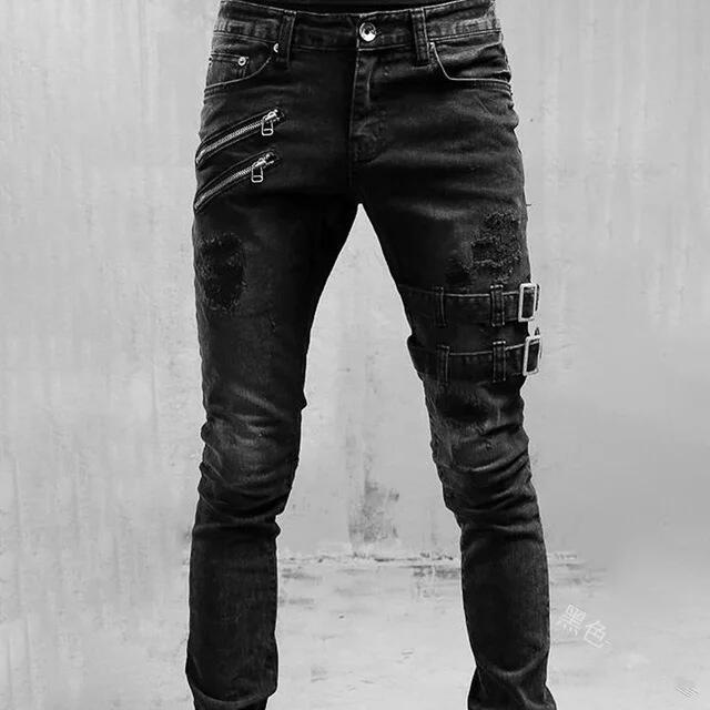 BOMI 2024 Europese en Amerikaanse nieuwe motorfiets gepersonaliseerde en trendy elastische jeans met kleine pijpen L zwart