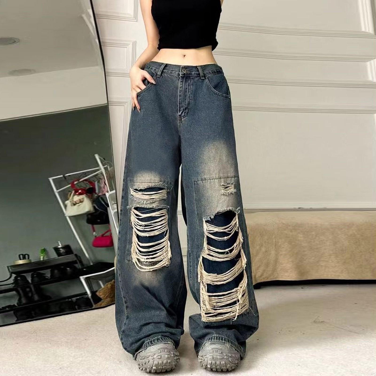 TOM TAN Goods Vintage gescheurde jeans voor dames, losse rechte pijpen, wijde pijpen, dweildenimbroek S blauw