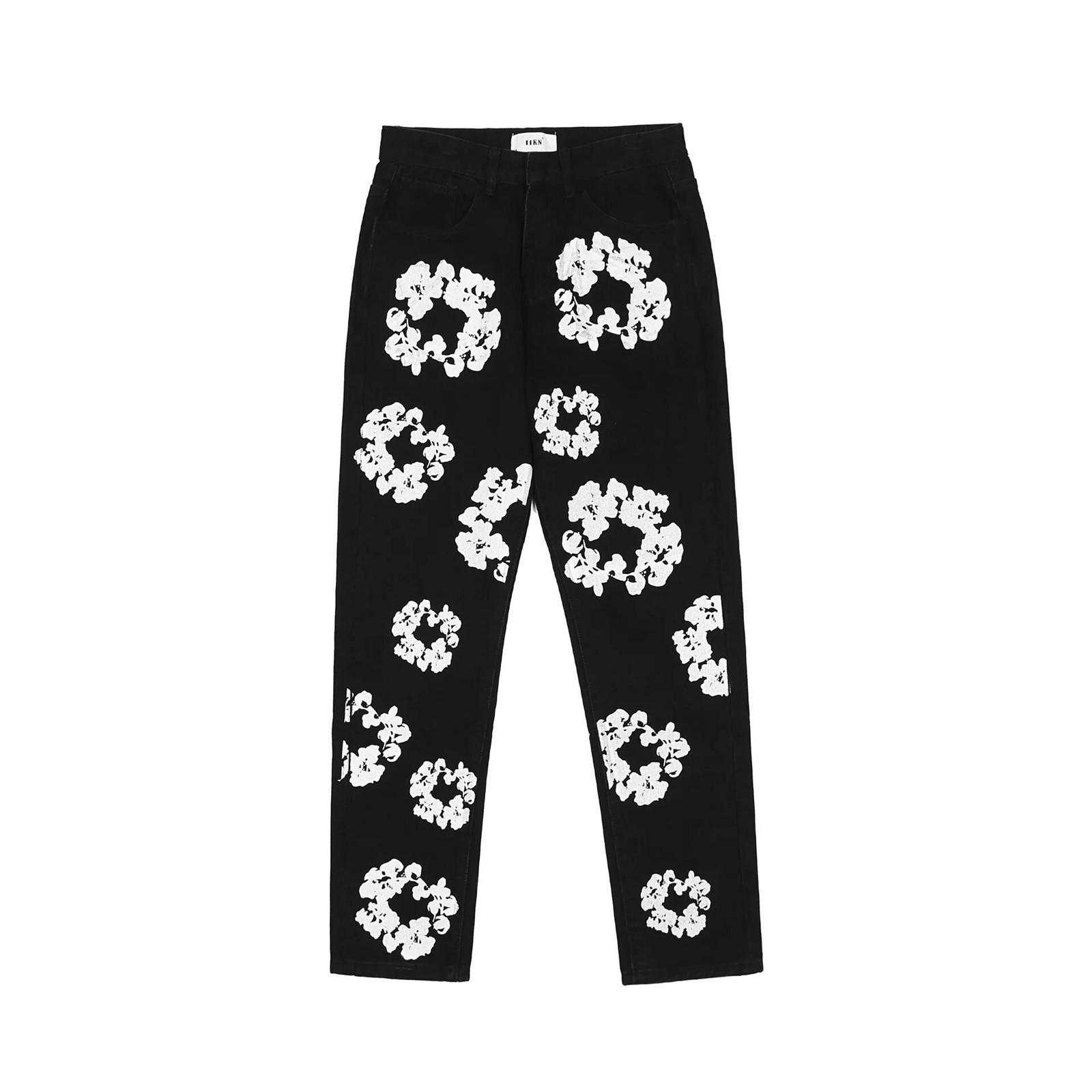 Baihe Heren- en damesmode Losse casual bloemen high street jeans L zwart
