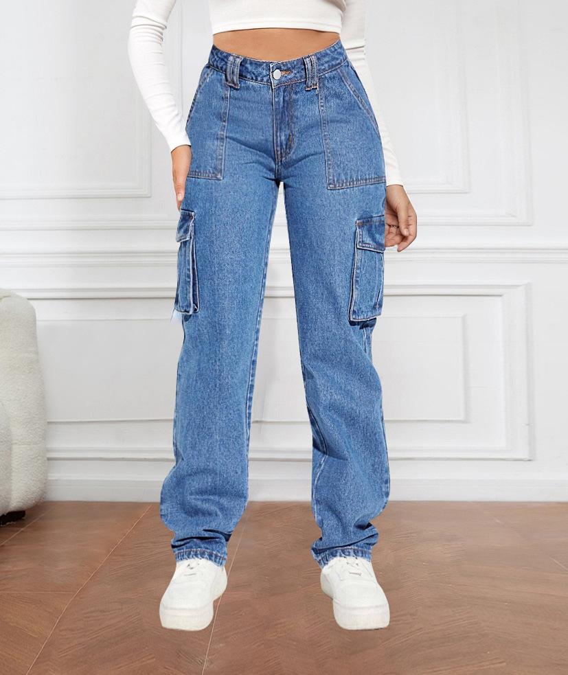 CANVAUS Tide Retro Mid Waist Multi-Pocket Workwear Jeans Dames Casual Rechte Broek XL blauw