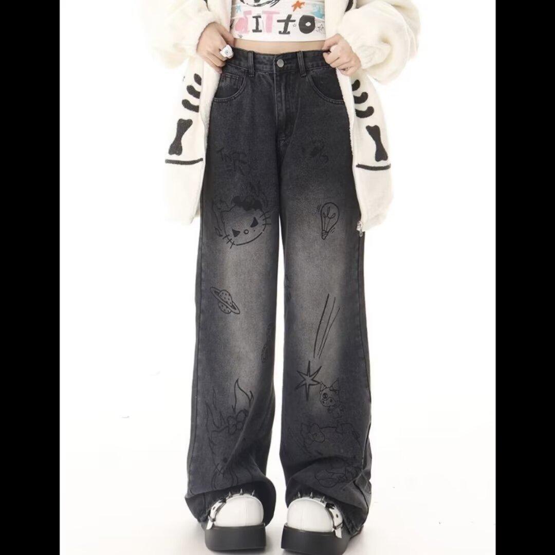 VantaGoods Oversized Cartoon Graffiti Wide-Leg Jeans voor dames - Herfst/Winter Retro Street Style XL donkergrijze kleur