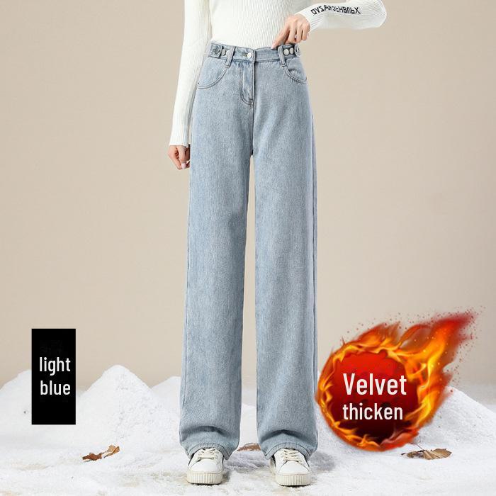 VantaGoods Dames Plush High-Waist Wide-Leg Jeans - Slanke, warme, all-match losse rechte pasvorm voor herfst/winter 2XL