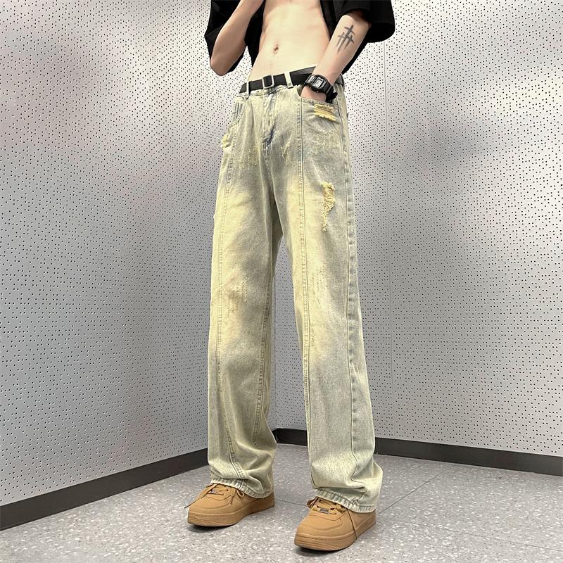 VantaGoods Heren Zomer Zwarte Versleten Wijde Jeans - Trendy, Losse, High-Street Vibe, All-Match, Gescheurde Rechte Broek Medium