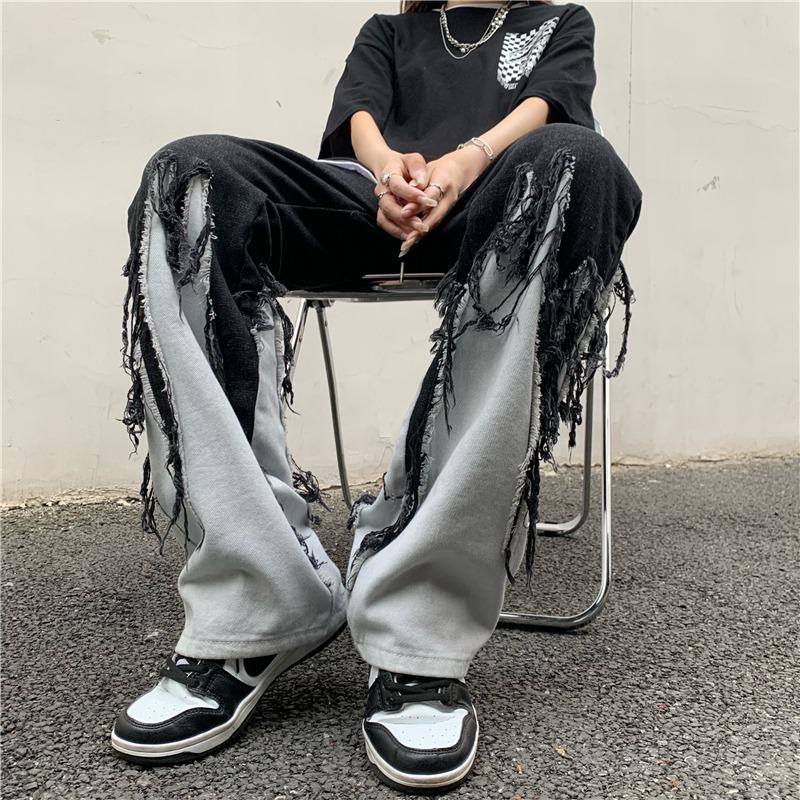 VantaGoods Amerikaanse Hip-Hop High Street Losse Wijde Zwarte Punk Raw Edge Versleten Jeans S zwart
