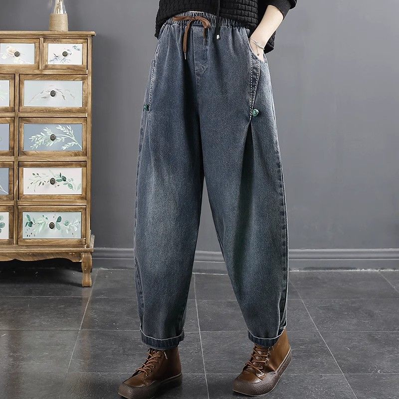 QGOOD Borduurwerk Dames Denim Broek Losse Hoge Taille Harem Broek Vrouwelijke Herfst Casual Jeans Vrouwelijke XXL