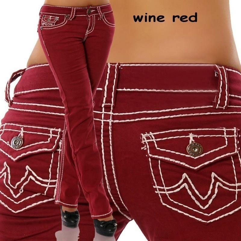 MA3CN Rechte jeans met lage taille, slanke denim lange broek, grote maten XXXXXL wijnrode kleur