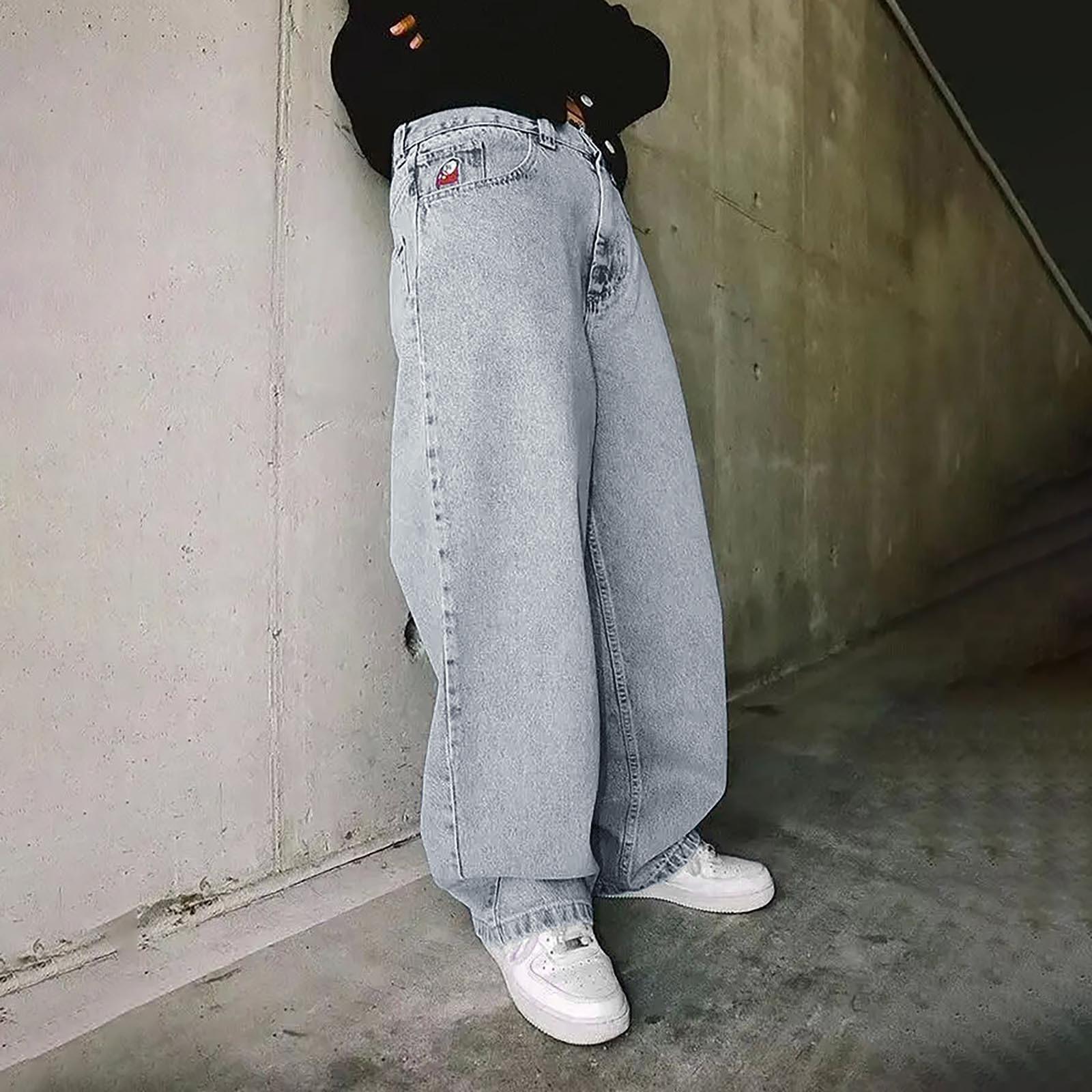 Jiangnan E Dames borduurpatronen streetwear jeans casual hiphop retro blauwe losse jeans M