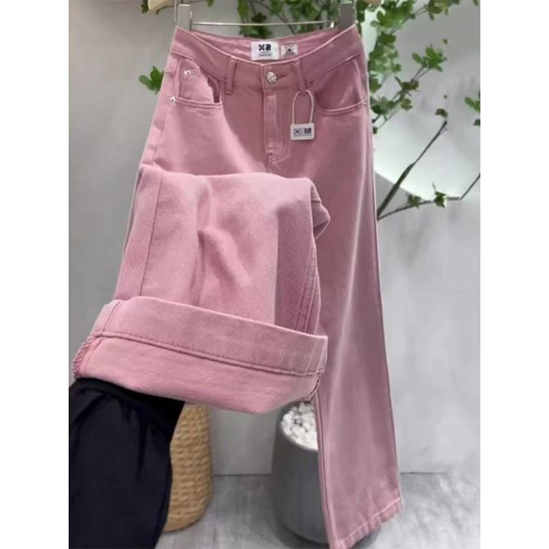 Yoghurt Plus Size High Waist Wide Leg Vloerlengte Denim Broek met Riem voor Casual Lente Kleding 2XL roze