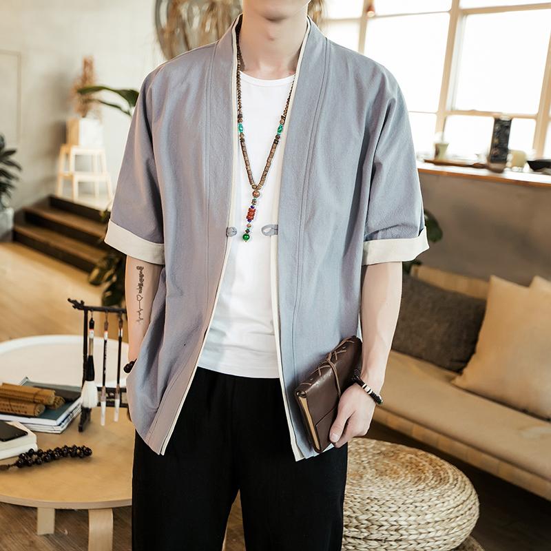 LAKER CC Hanfu Shirt Jurk Mannen Japanse Kimono Robe Haori Blouse Chinese Stijl Kraan Geborduurde Tang Pak Casual Cardigan Streetwear Jas 5XL grijs