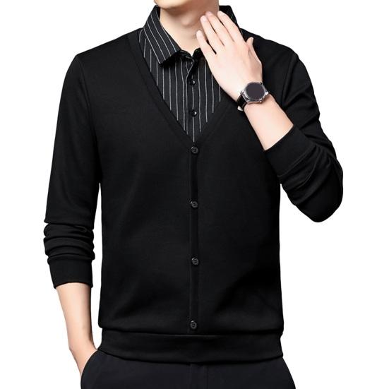 Youkeme Heren Herfst Winter Trui Revers Mouwloos Enkelrijs Effen Kleur Nep Tweedelige Elastische Knopen Casual Gestreept Plus Size Mid Lengte Heren Casual L zwart