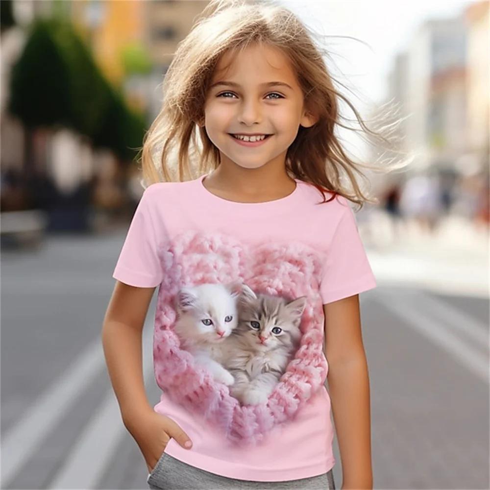 HerSight Kat Korte Mouw Paard Kind T-shirt Zomer Kawaii Kid T-shirt Voor Kinderen Tops Fashion Tee Meisjes Kleding Van 8 tot 14 Jaar Oud 130