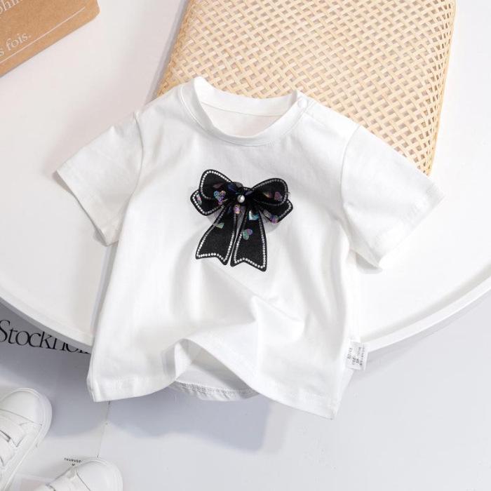 VantaGoods Koreaans katoenen T-shirt met strik voor kinderen (zomer 2025) – modieus en schattig voor meisjes 130 wit
