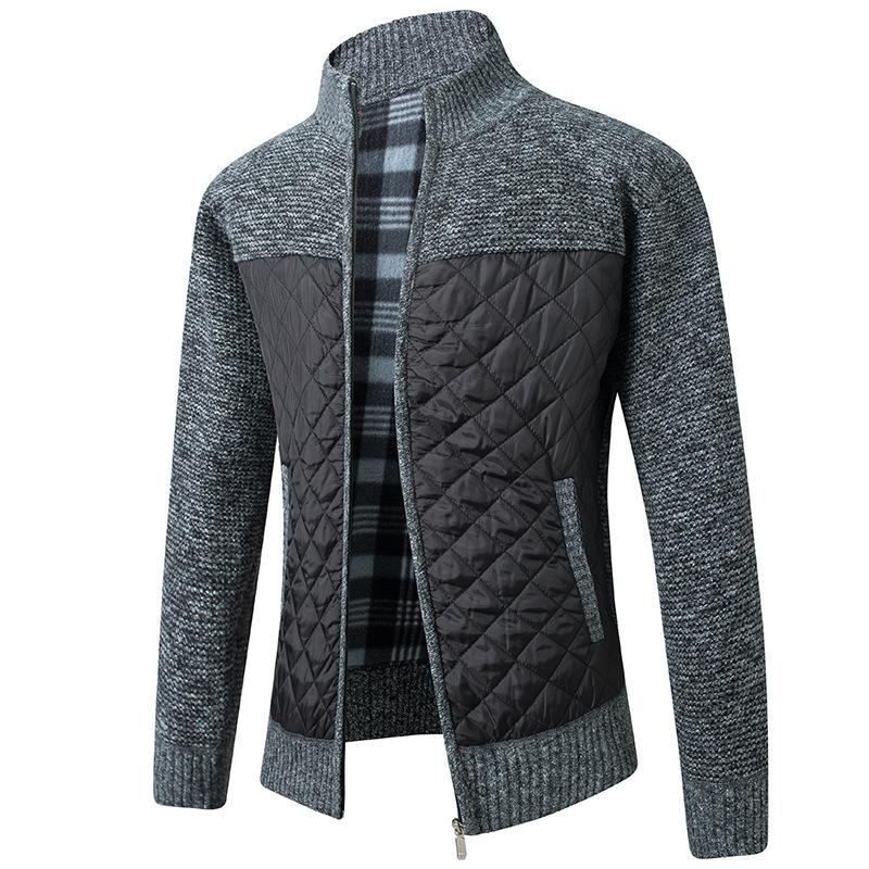 GRK Herfst en winter heren opstaande kraag gestreept geruit plus fluweel mode kleur bijpassende warme gebreide jas trui 3XL
