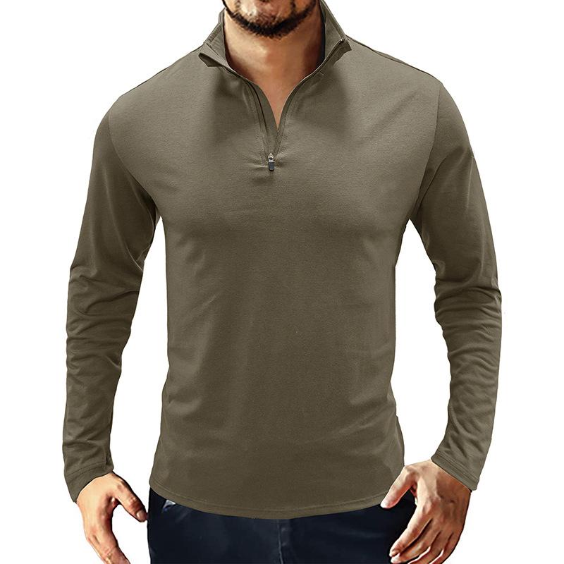 Hey23coming Herfst en winter Heren T-shirt met lange mouwen Heren poloshirt met opstaande kraag en rits L groen