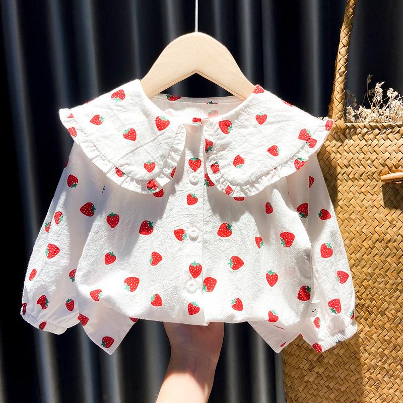 BOOSKU Herfst meisjesoverhemden met lange mouwen, casual katoenen kinderblouses, aardbeiprintoverhemd, blousetops met lange mouwen voor kinderen 90