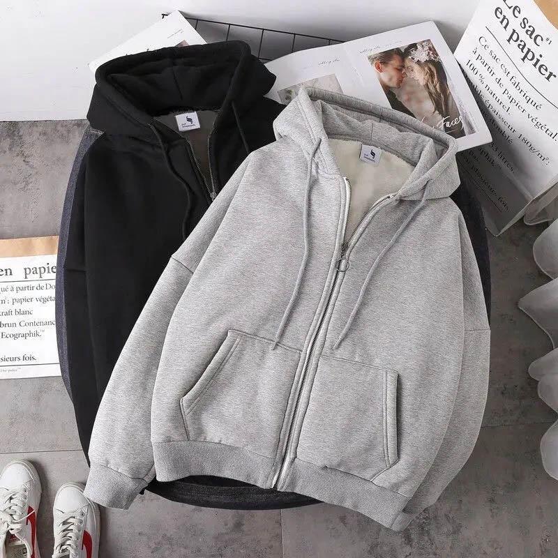 HOTDOG Heren herfst en winter losse casual gewatteerde sweatshirt effen kleur capuchon rits jas M grijs