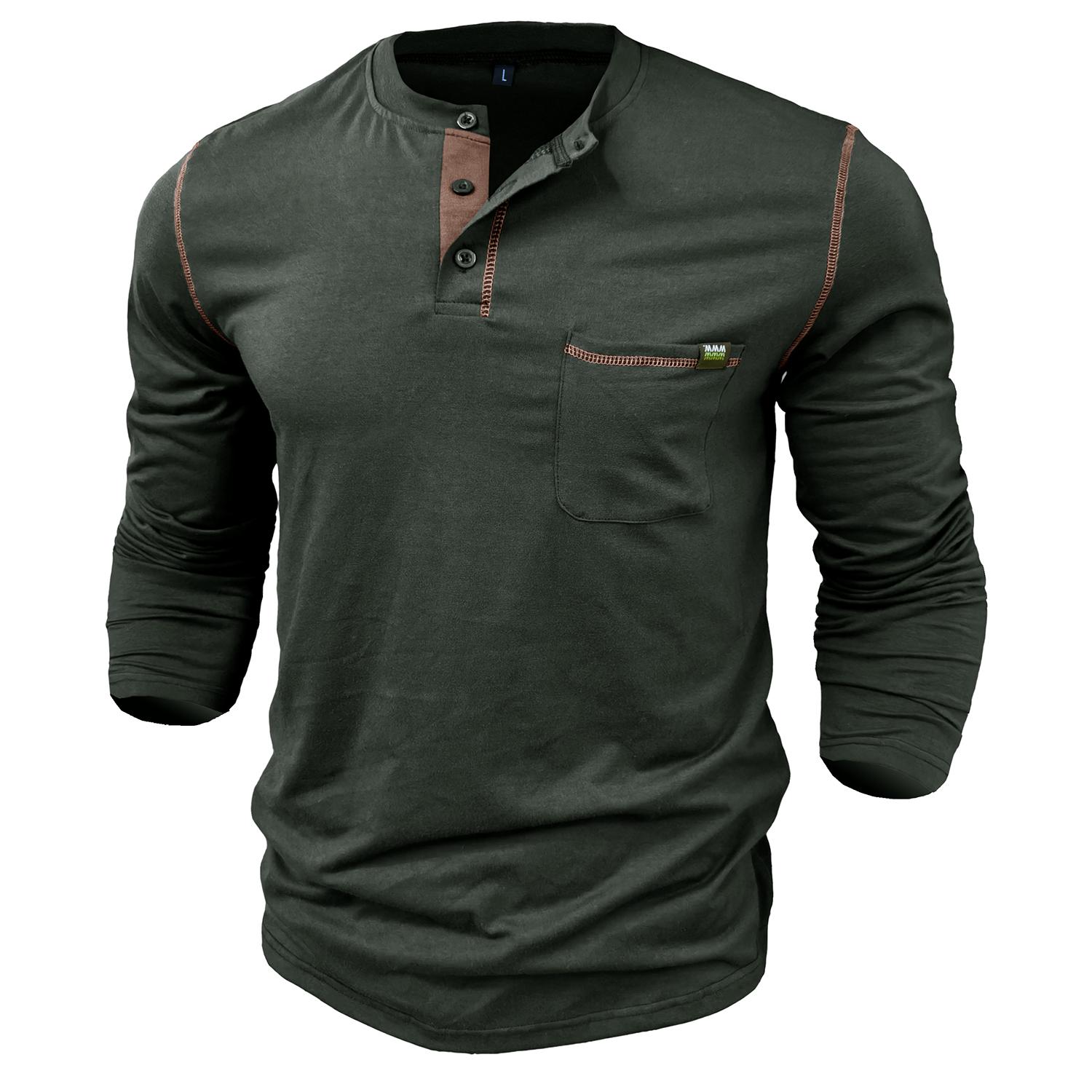 JOR MALL Heren Lange mouwen Henley-overhemden Katoen Pullovers In bijpassende kleuren Gebreid T-shirt Knopen Ronde hals Borstzak Tops Stijlvol Dagelijks Informeel Herenkleding XXL