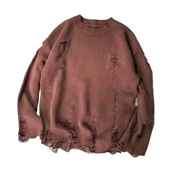 PLUM LAI Heren Herfst Winter Trui Gescheurd Gat Effen Kleur Ronde Hals Gebreid Retro XXL donkerbruine kleur