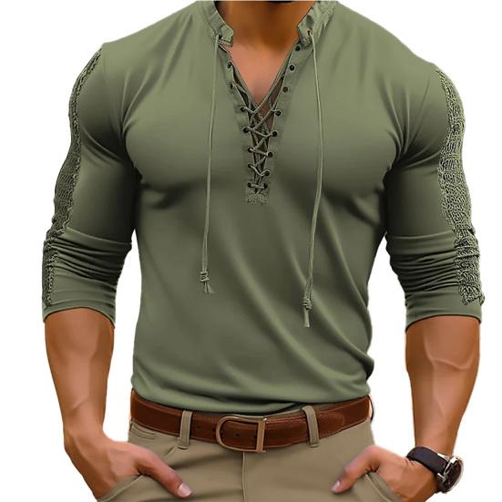 CF44AG Mannen Effen Kleur Slim Fit T-shirt V-hals Lace Up Lange Mouw Spier Tops Hoge Elastische Volwassen Mannen Shirt Tops XL groen
