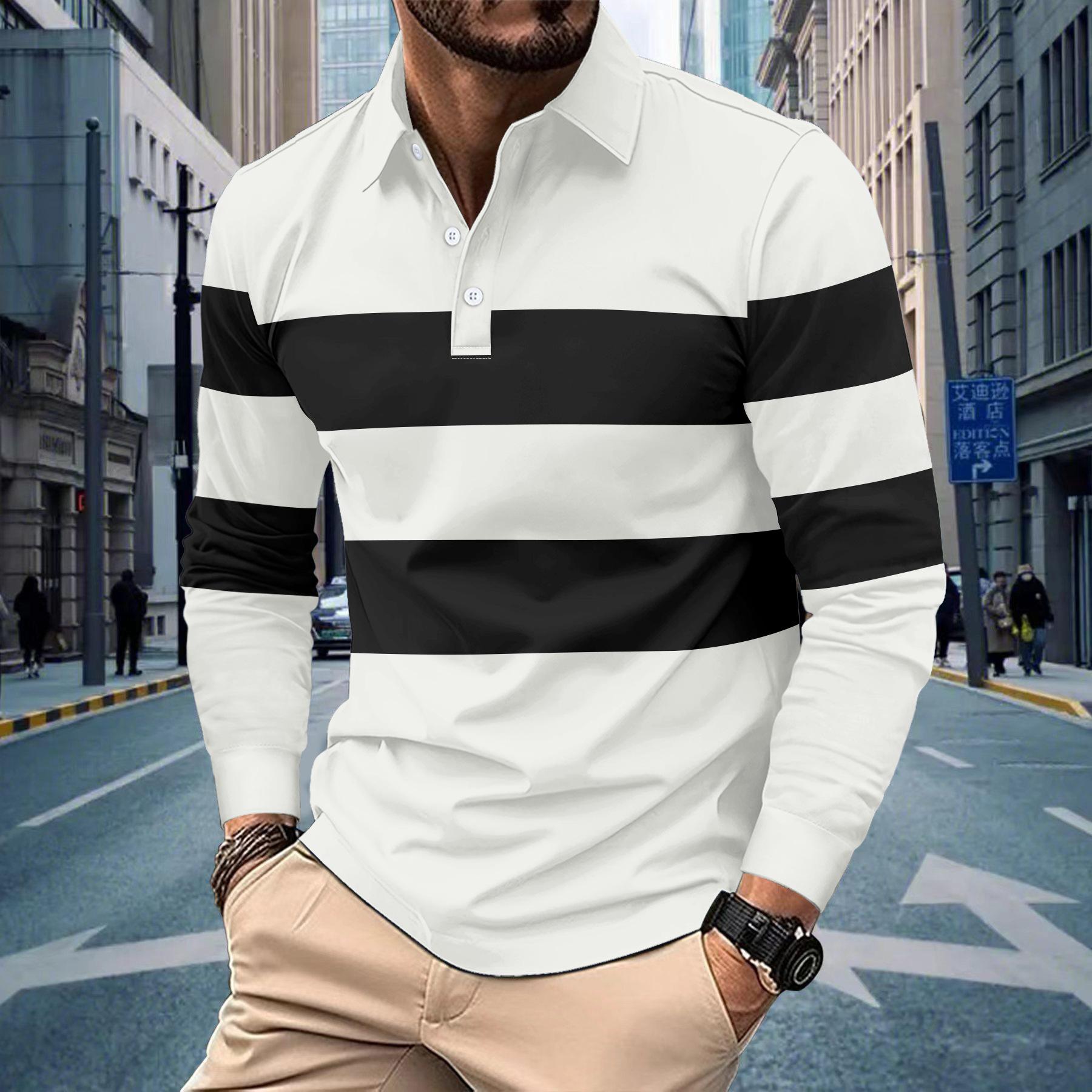Fashion human Nieuwe lange mouwen gestreepte revers casual T-shirt voor heren, POLO-shirt XXXL wit