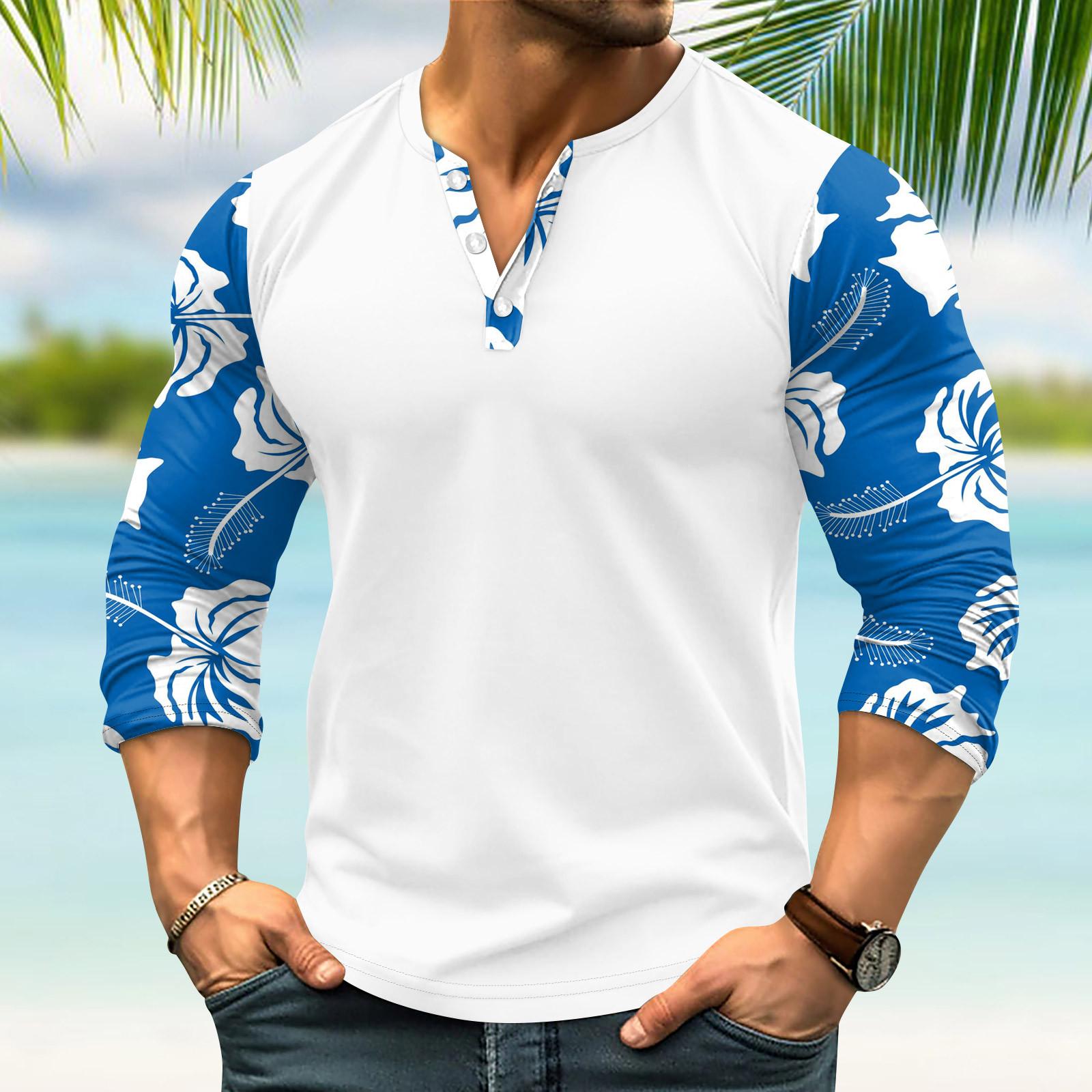 Wahaha123 Heren Outdoor Vintage V-hals Knoop Lange Mouw Mode Sport T-shirt M blauw