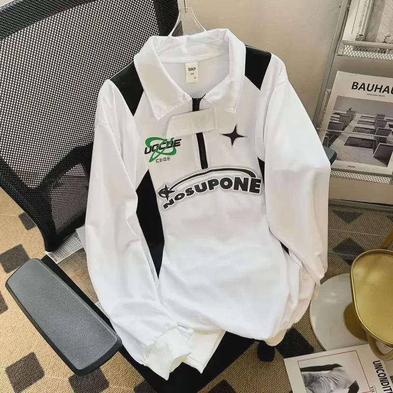 VantaGoods Heren Retro Contrast Polo Kraag Sweatshirt - Lente & Herfst Casual Losse Pasvorm L wit