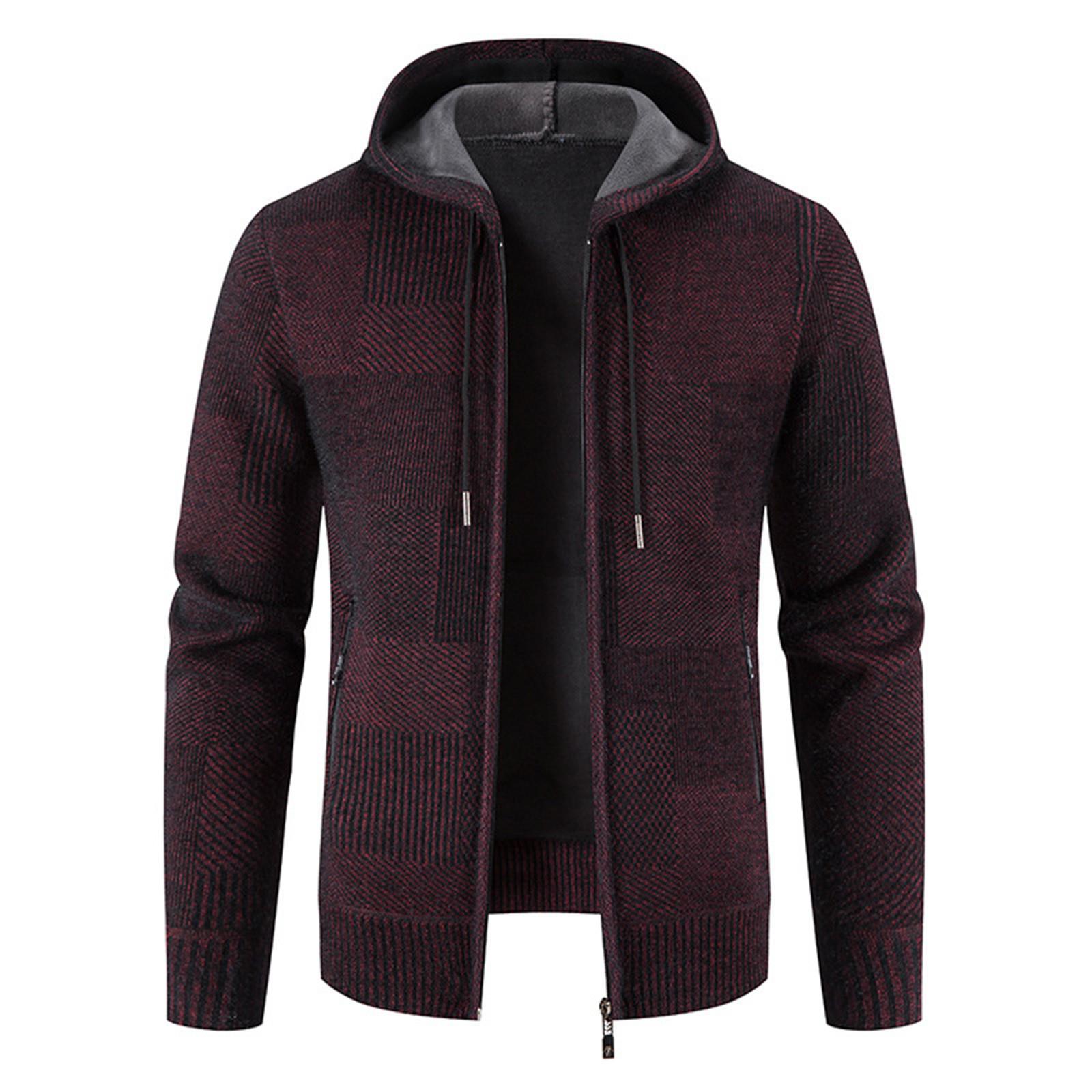 Niubiplus Herenjas met capuchon, pluche, geruit breiwerk met trekkoord, trui, warme effen kleur jassen, tops XL wijn
