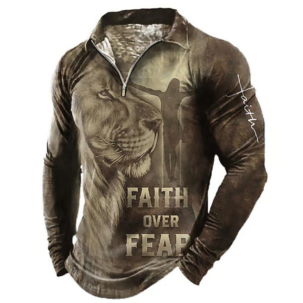 Haojun Street Style Series Leeuwenpatroon 3D-geprint poloshirt met lange mouwen, dun en comfortabel vintage herenpoloshirt uit de vroege herfst. 2XL