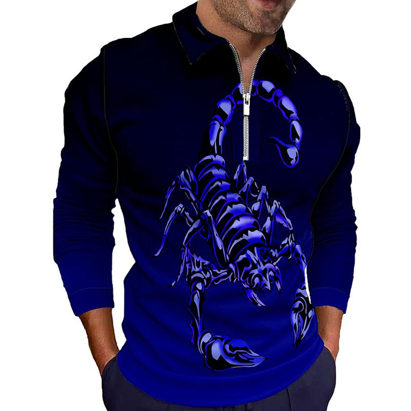 Haojun Gepersonaliseerd herenpoloshirt met schorpioenpatroon en ritssluiting, street fashion casual super trendy cool poloshirt. L blauw
