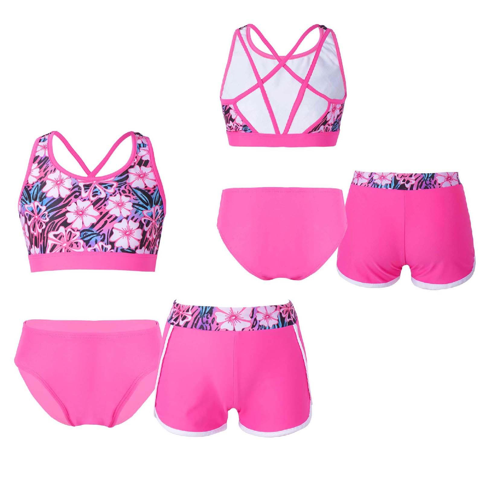 Fldy 3-delige kindermeisjes badmode U-hals print crop tops met shorts en slips set strand zwembad Rashguard pak 11-12 Years