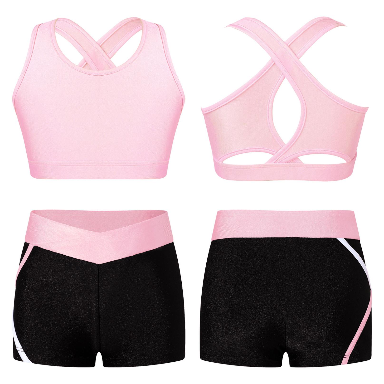 Inhzoy Meisjesbikinitankiniset Tanktop + shorts Tweedelig sportpak Sportkleding Kinderballetshirt Sportset Danskleding 11-12 Years roze