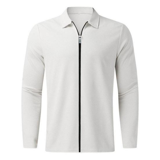 MR91EY Heren overhemd herfst winter effen kleur lange ademende mouw revers ritssluiting buitensport T-shirt XL wit