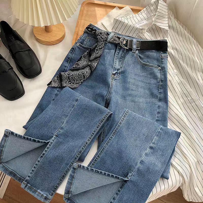 Danmo Street chic elastische denim flare broek vrouw hoge taille vintage split jeans vrouw chique grijze bell bottom jeans L blauw