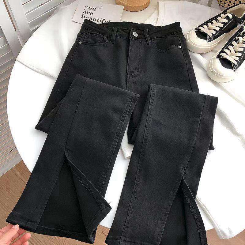 Danmo Street chic elastische denim flare broek vrouw hoge taille vintage split jeans vrouw chique grijze bell bottom jeans XL zwart