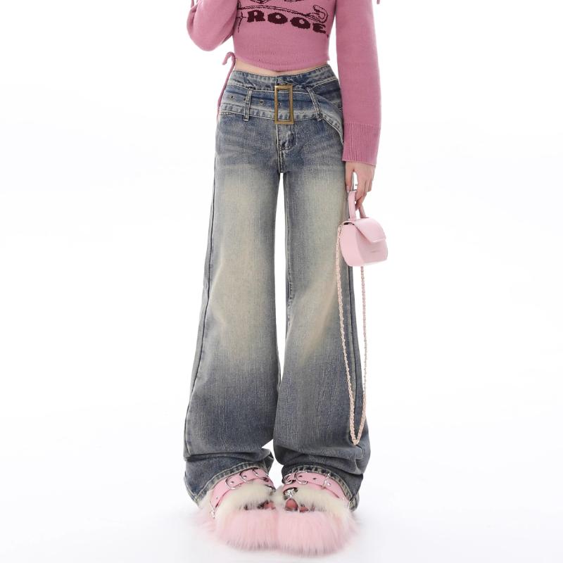 Zhanjie Ladies Clothing Blauwe Y2K Retro Baggy Uitlopende Jeans Vrouwen Hoge Taille Vintage Streetwear Denim Broek Rechte Wijde Pijpen Broek Koreaanse Stijl S blauw