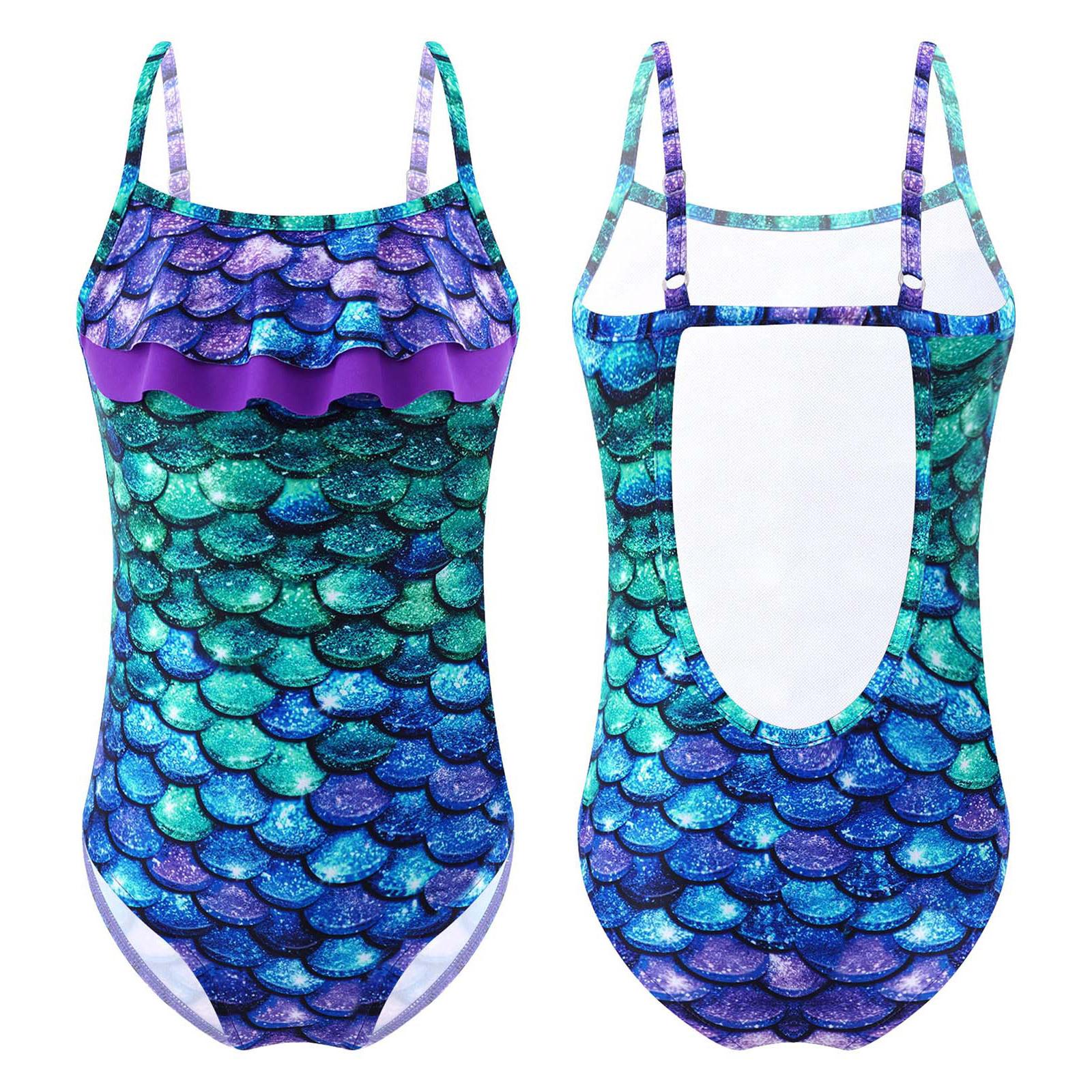 IEFiEL 2 Kinderen Meisjes Eendelig Jumpsuit Badmode Verstelbare Bandjes Gerimpelde Zoom Bedrukt Uitgesneden Open Rug Zwemmen Badpak 15-16 Years groen/paars