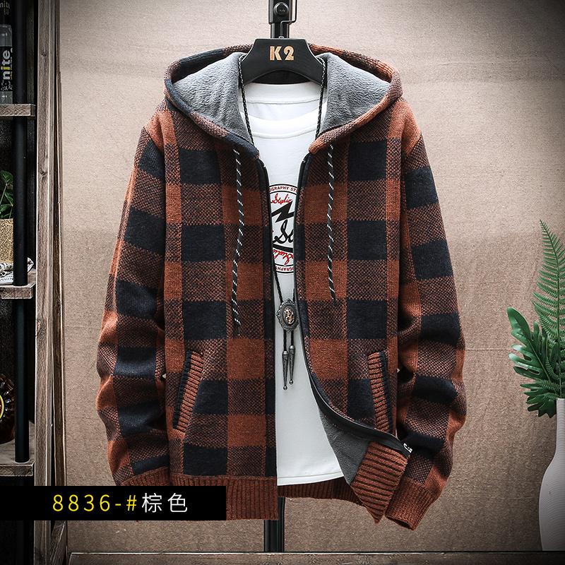 Yoghurt Heren Fleece Warm Cardigan Plaid Trui Capuchon Winterkleding Harajuku Jas Volledige Rits Cardigans Jas Mode Gebreide Trui 4XL  90-100kg bruin