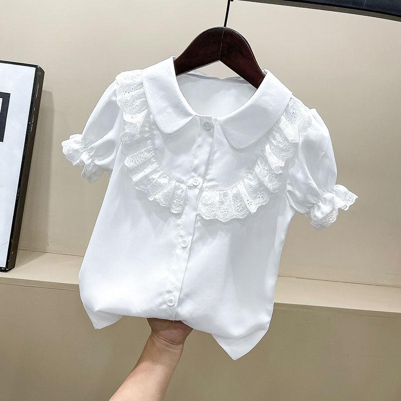 G.DUCK KIDS Zomer kinderkleding zoete kant korte mouw casual tops blouse kinderen meisjes mode turn down kraag effen kleur shirts 140 wit