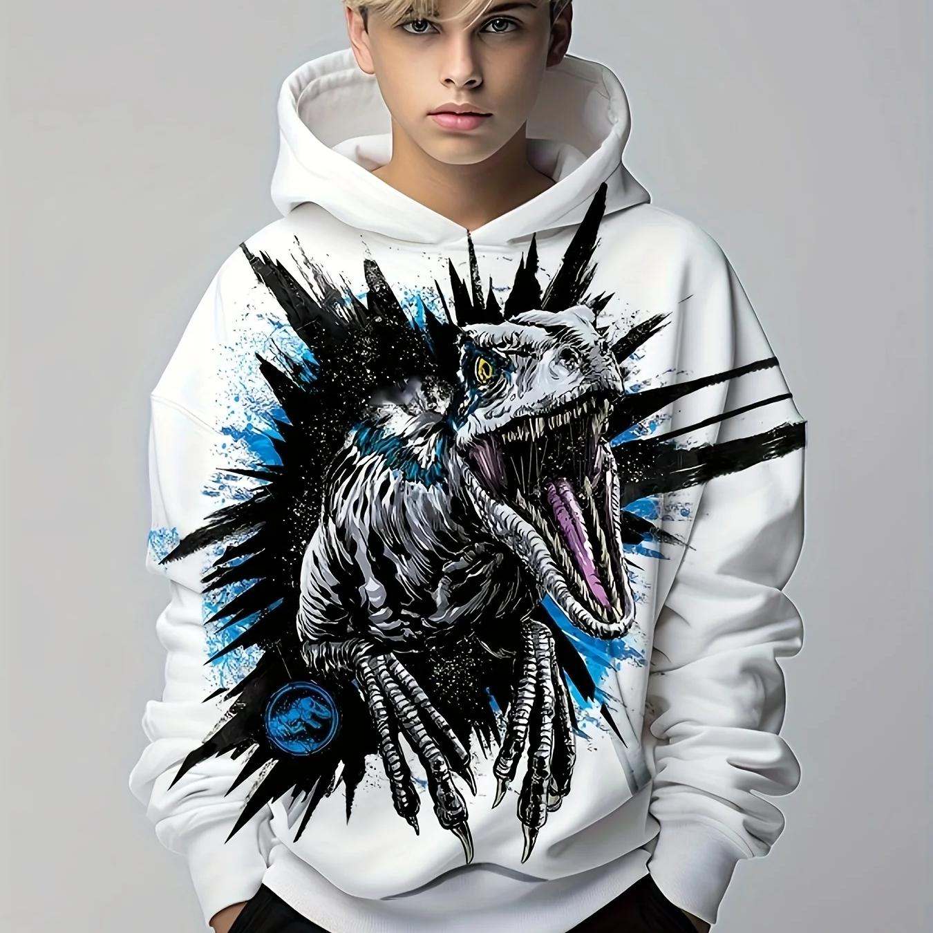 ETST WENDY 09 Nieuwe dinosaurus grafische Halloween jongenshoodie, lente en herfst kinderkleding met lange mouwen en casual sporttrui met capuchon 4-14 160
