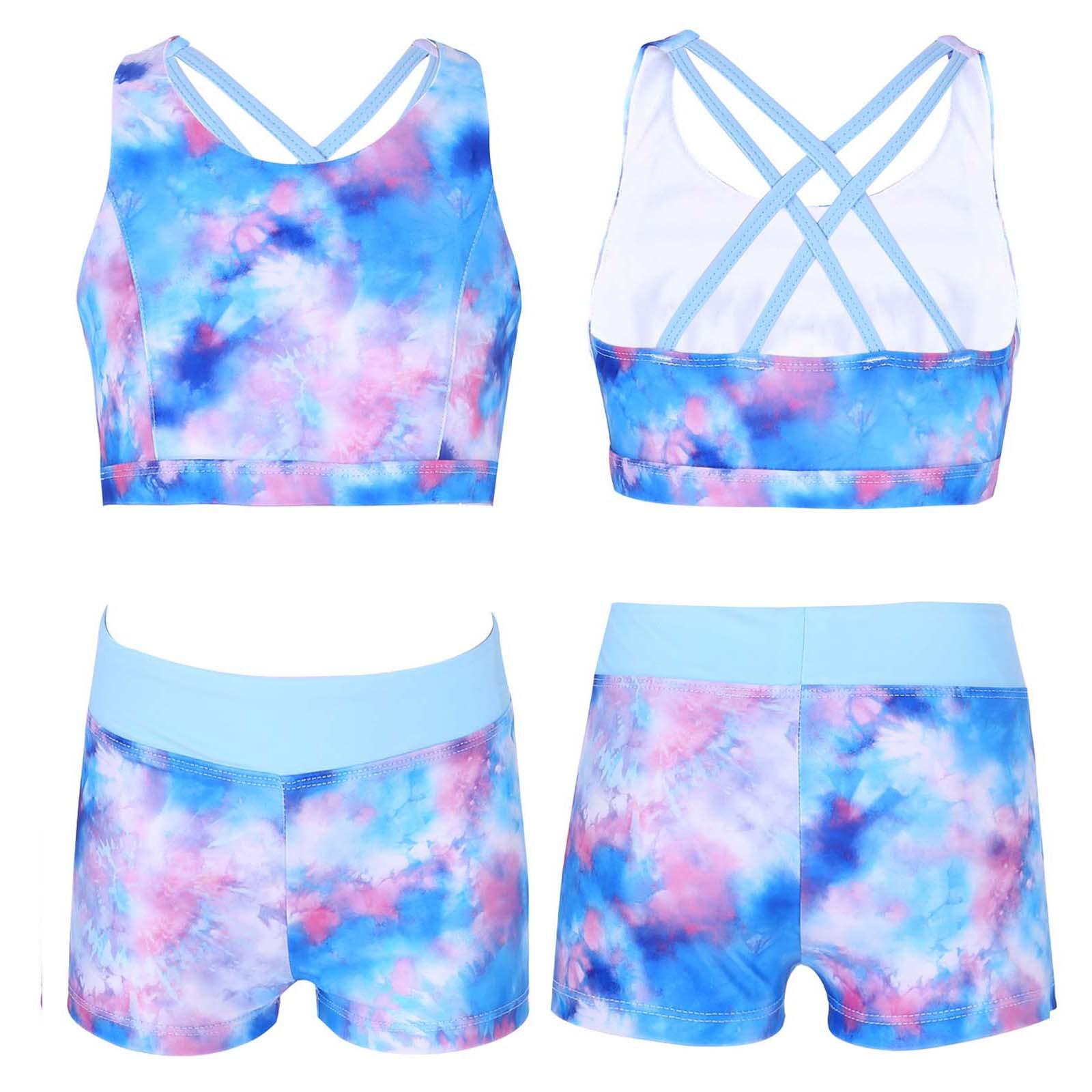 Sxiwei Tweedelig badpak voor meisjes, mouwloos, gekruist bedrukte top met boyshorts aan de onderkant 13-14 Years roze