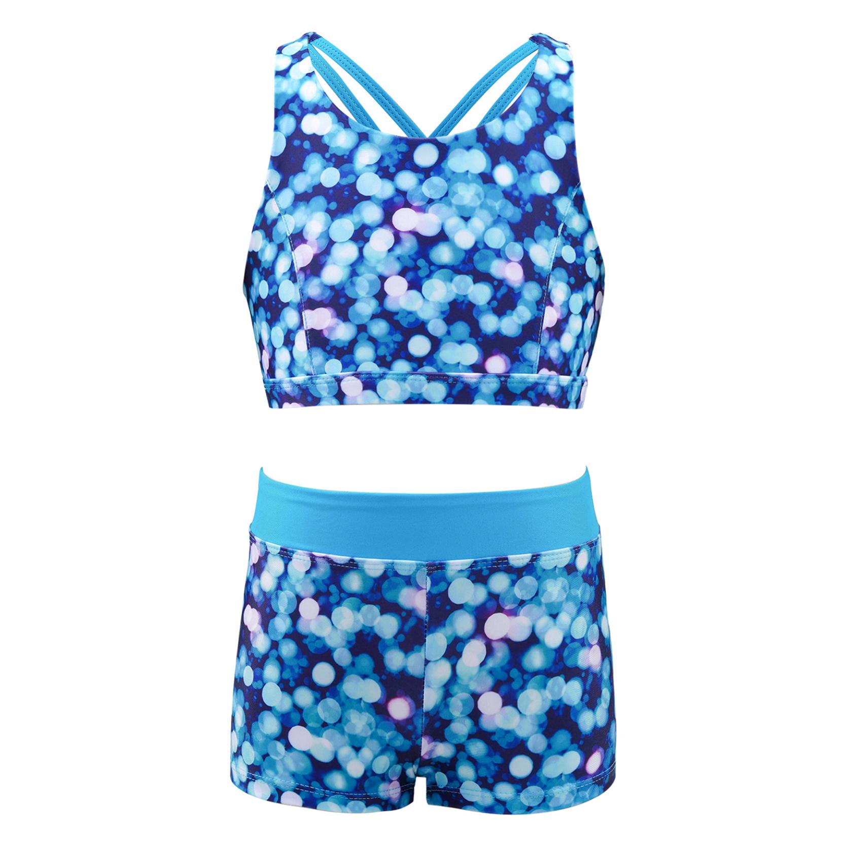 IEFiEL Meisjes Gymnastiek Dans Sport Tweedelige outfit Racerback Crop Top met Booty Shorts Badmode 9-10 Years