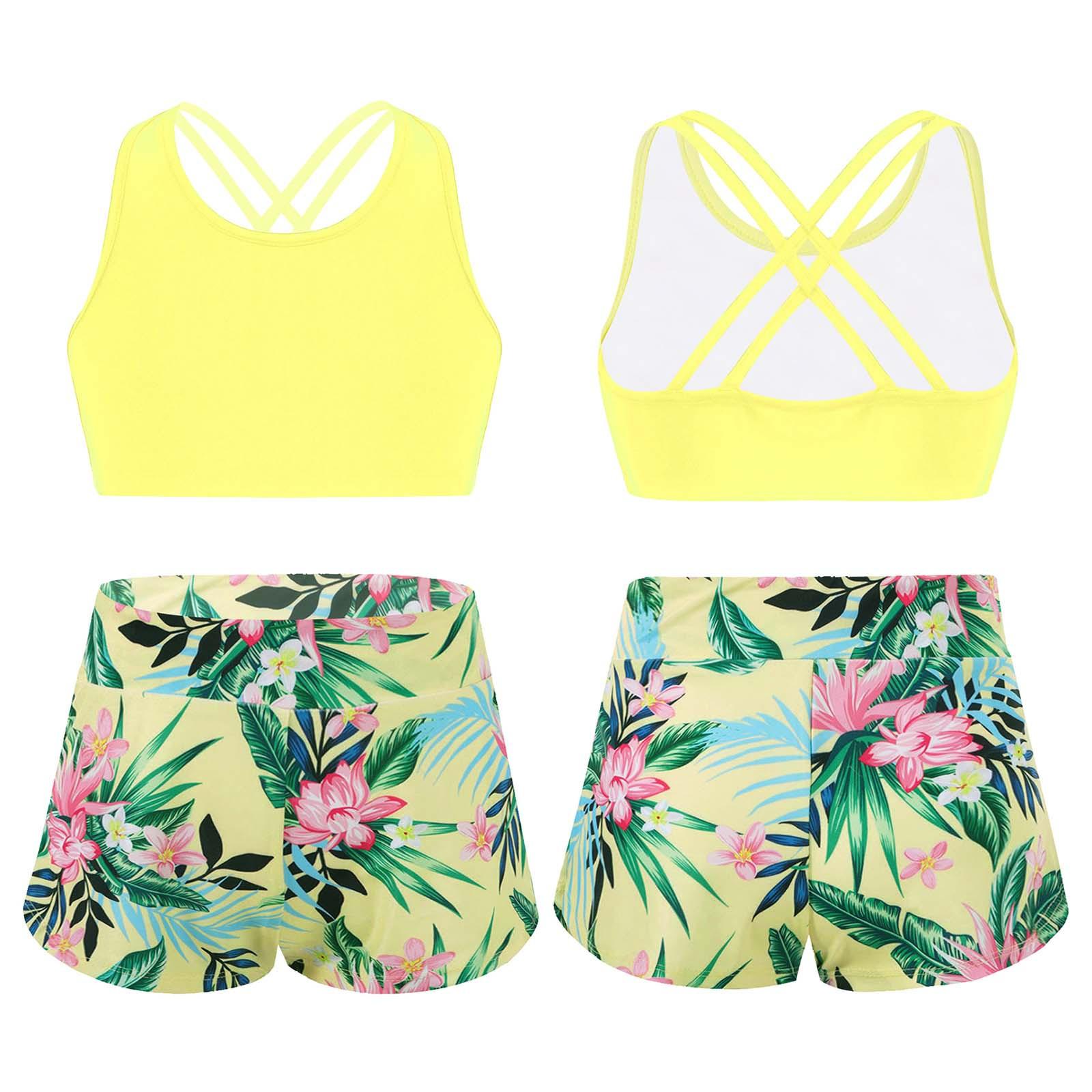 Sywiyi 2 stuks kinderen meisjes tankini badpakken bloemen bedrukt sportpak gekruiste bandjes tank crop top en shorts set badmode strand badpakken 15-16 Years geel