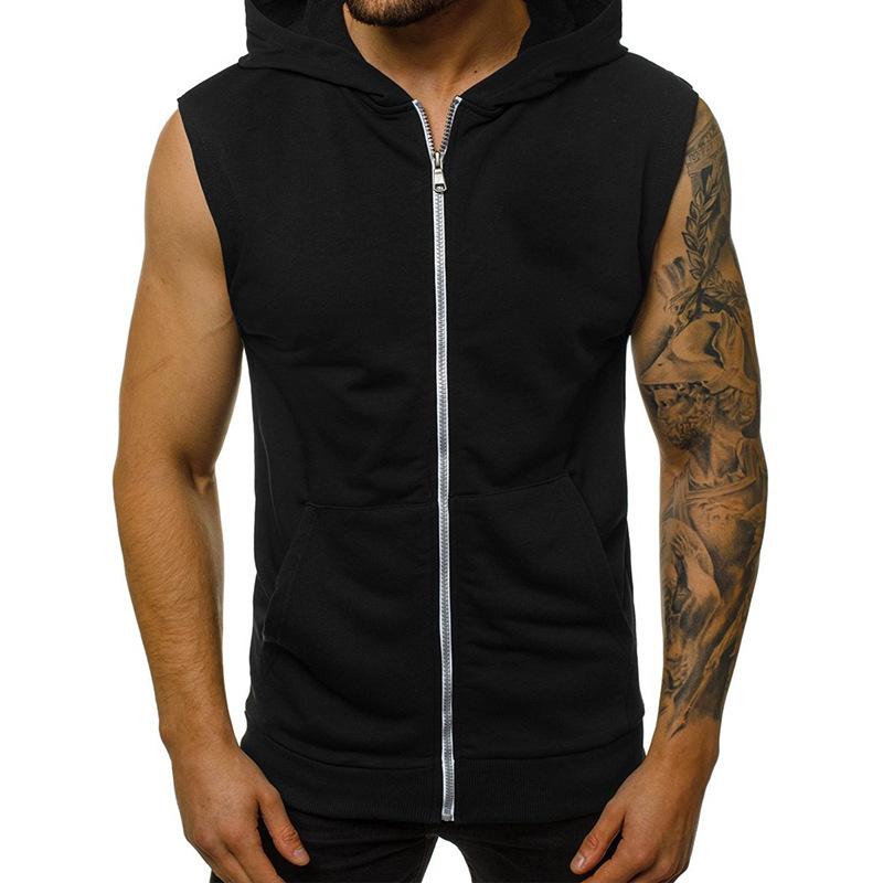 Straight Fire Fashion Heren sportmode vest nieuwe lente fitness mouwloos sportvest heren vest met capuchon en rits bovenkleding 2XL zwart
